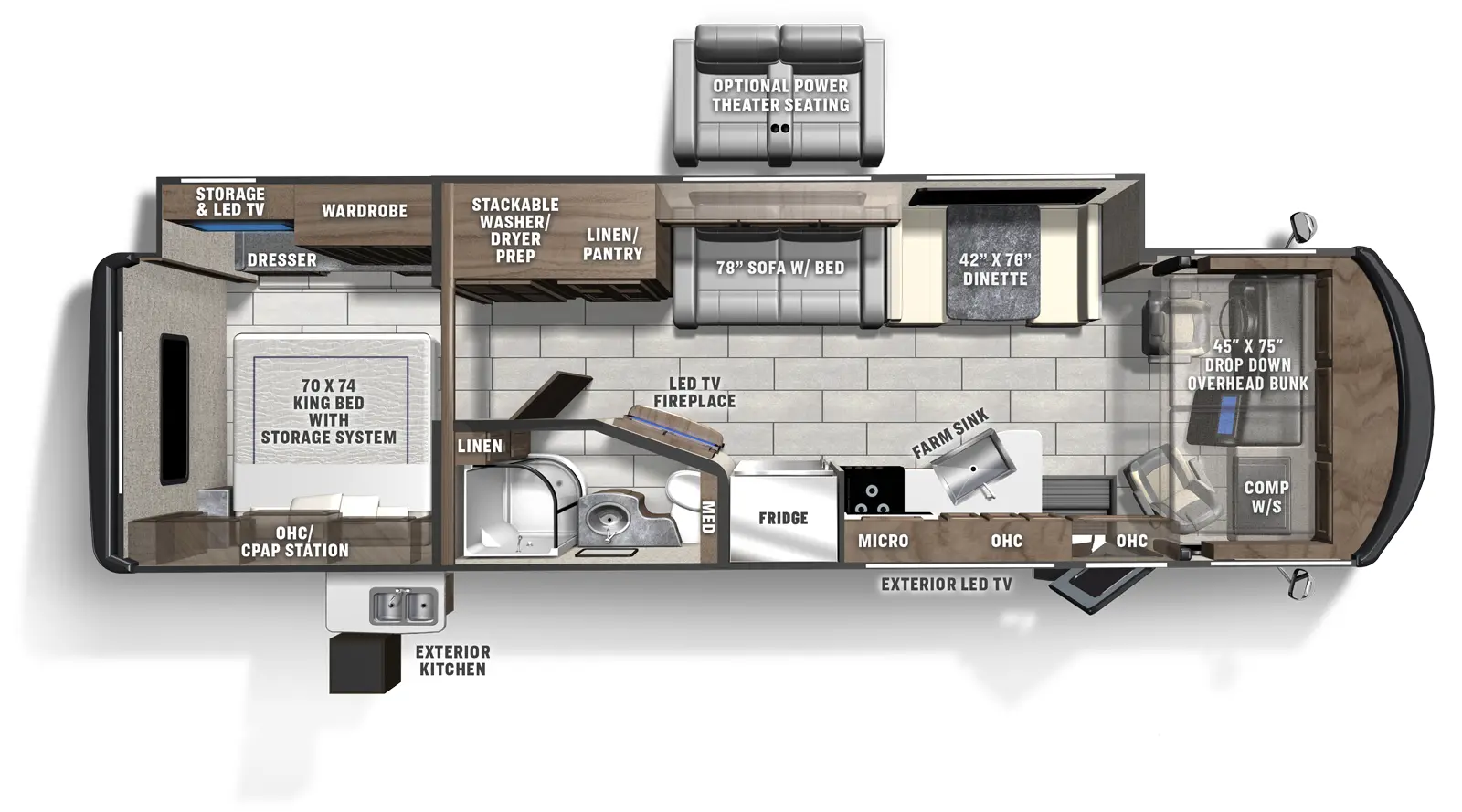 RV Business 2021 Must See RV. The Encore 325SS has 1 slide out located on the off-door side and 1 entry door. Interior layout from front to back; front cockpit with drop down front bunk and computer work station on the door side; door side kitchen with farm sink near entry, microwave above stovetop and fridge; off-door side 76 inch dinette next to 78 inch sofa with bed and overhead cabinets; door side LED TV and Fireplace next to the bathroom with shower, toilet, sink and linen closet; off-door side linen and panty and stackable washer and dryer option; rear bedroom 70 inch by 74 inch foot facing king bed with storage system and overhead cabinet and CPAP station, door side LED TV with wardrobe and dresser. Optional power theater seating. Exterior door side LED TV and kitchen.